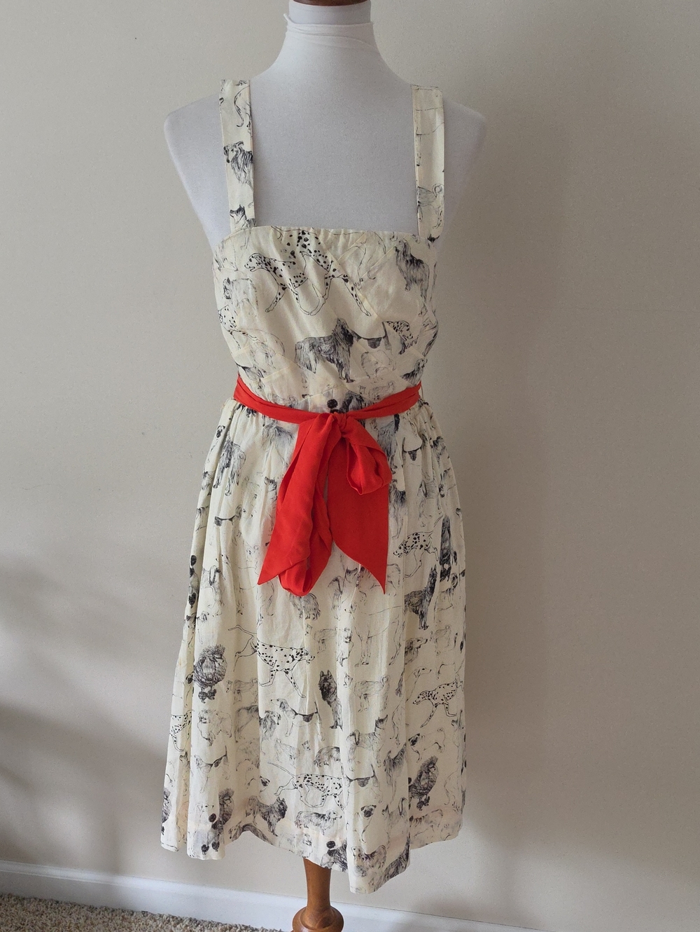 Maeve Cream Animal-Print Sundress with Red Waist Sash